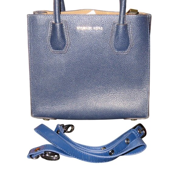 Michael Kors Mercer Medium Blue Pebbled Leather Crossbody Satchel Tote Handbag - Picture 1 of 12